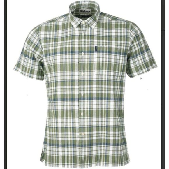 Barbour Linen Mix 2 Short Sleeved Summer Shirt Green White Plaid Button Front XL - Picture 1 of 8